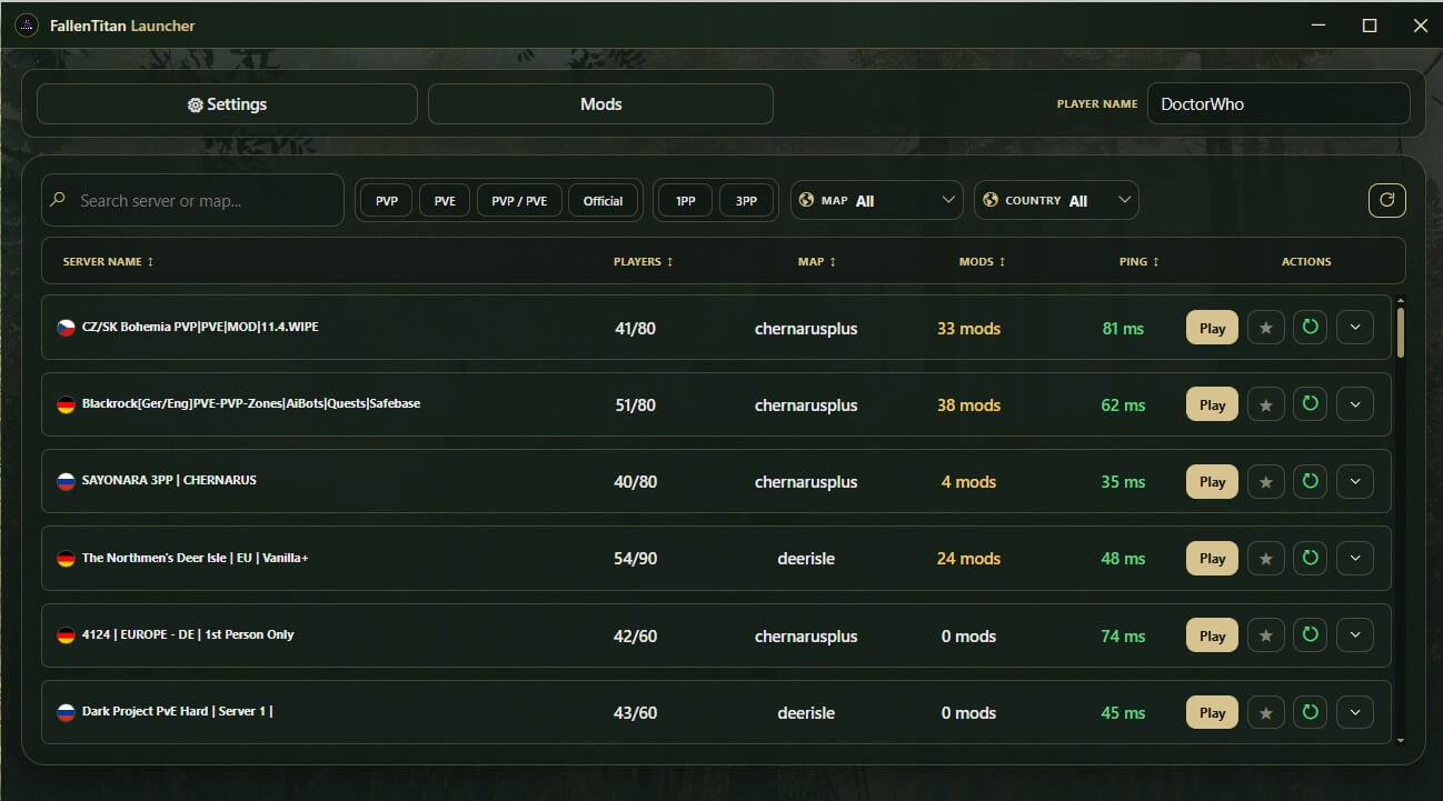 DayZ Launcher server browser with server list, filters and Play button