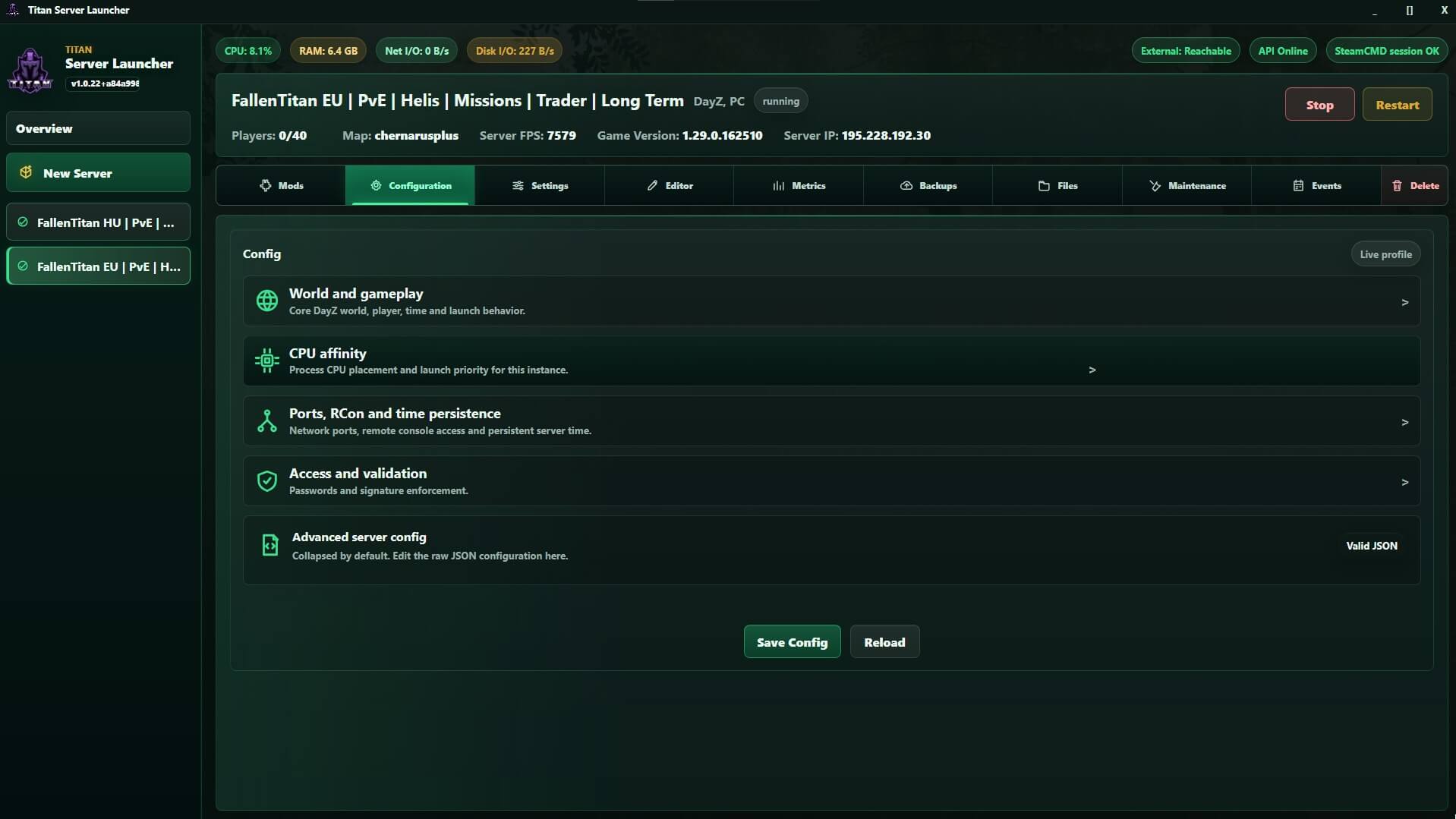 DayZ Server Launcher szerver konfigurációs felület képernyőkép