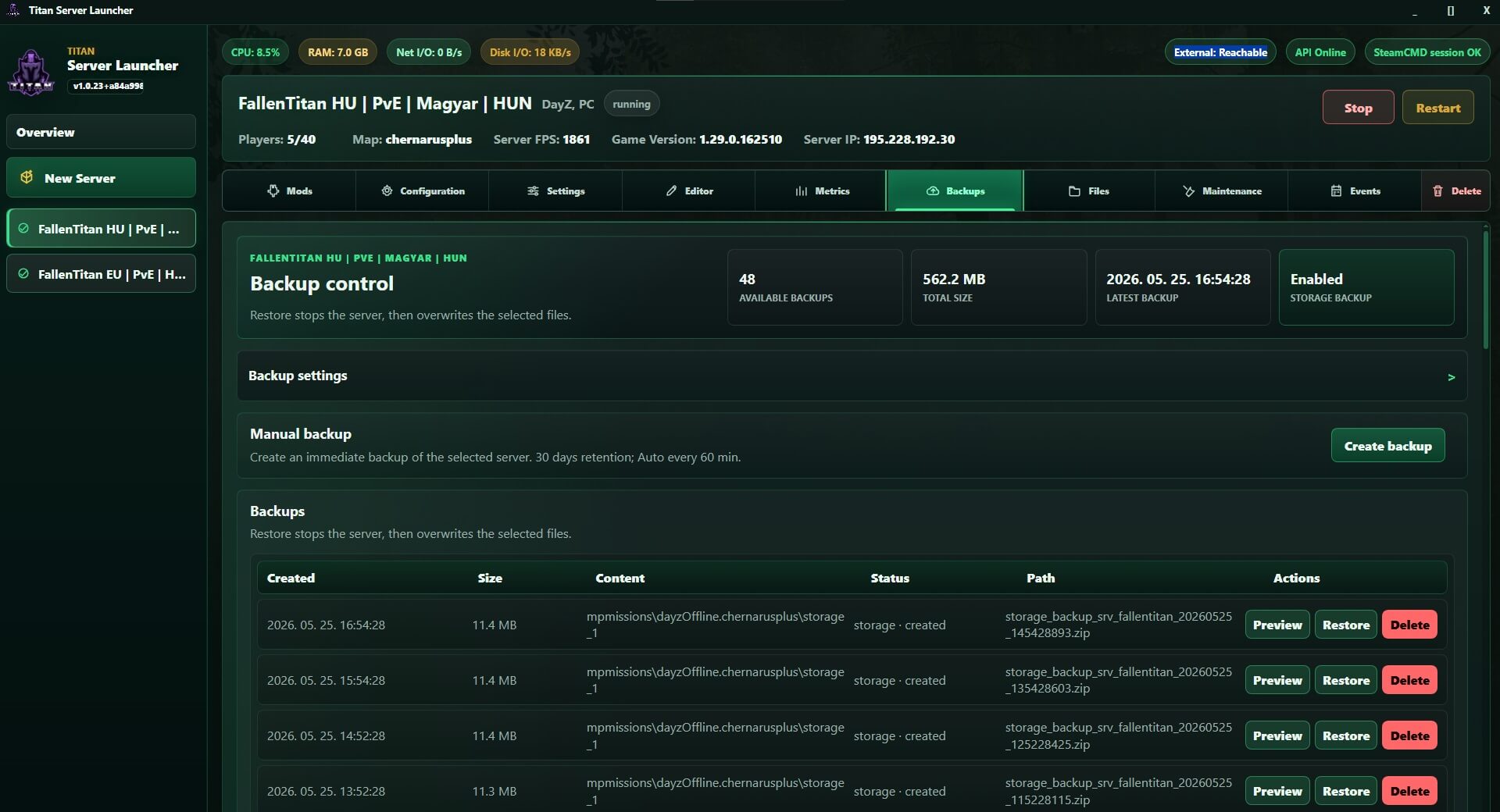 DayZ Server Launcher biztonsági mentés kezelő felület képernyőkép