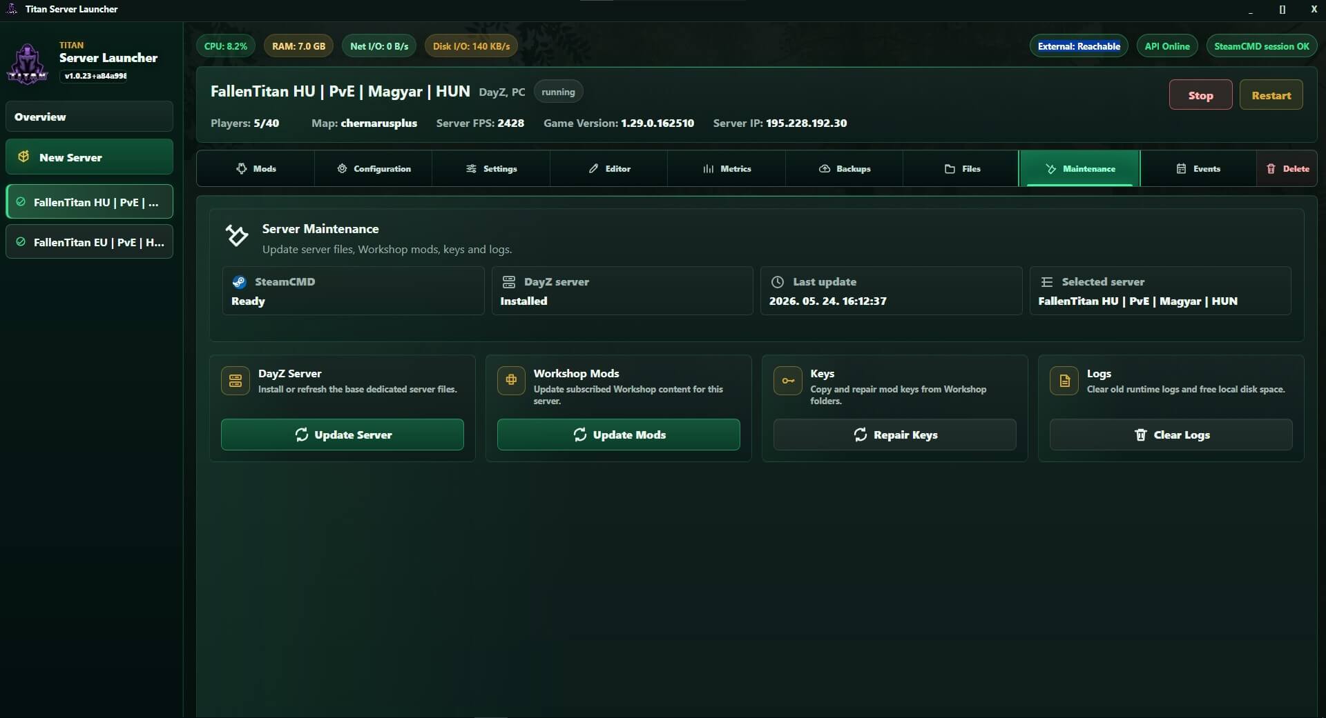 DayZ Server Launcher karbantartási eszközök felület képernyőkép