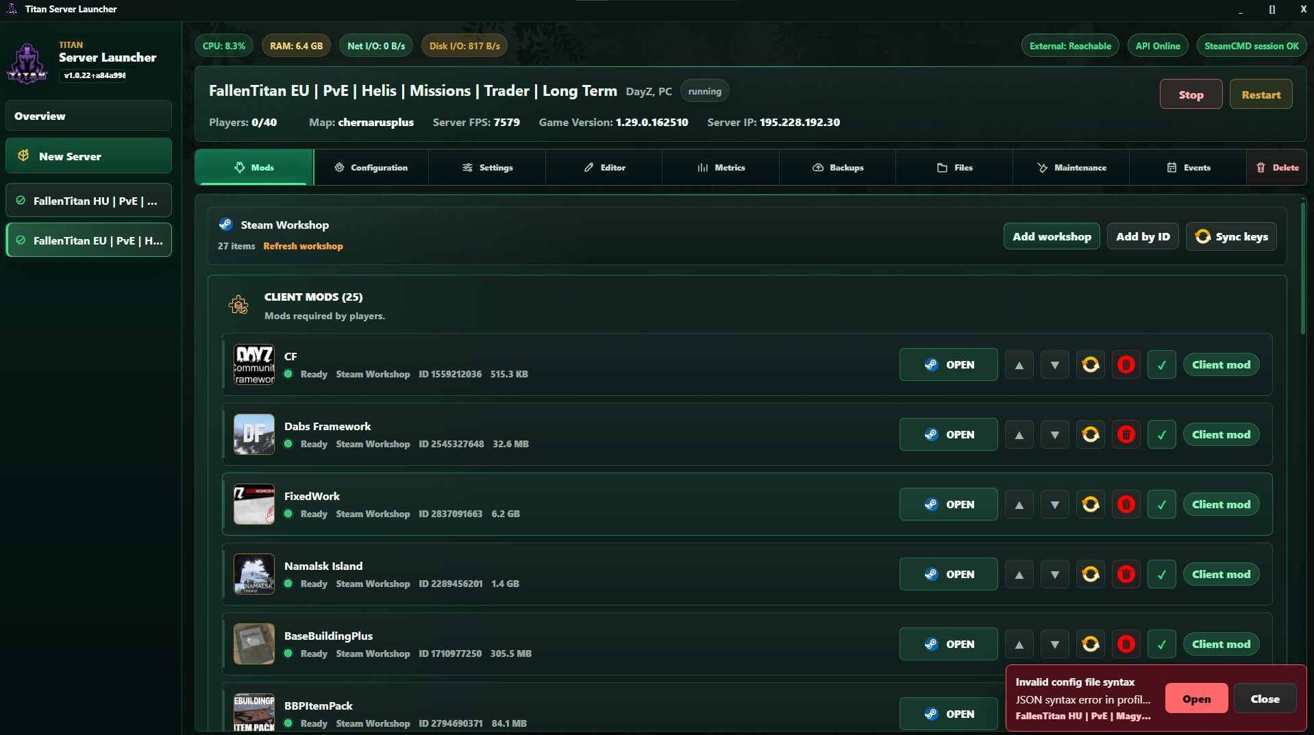 DayZ Server Launcher mod kezelés és Workshop szinkron képernyőkép