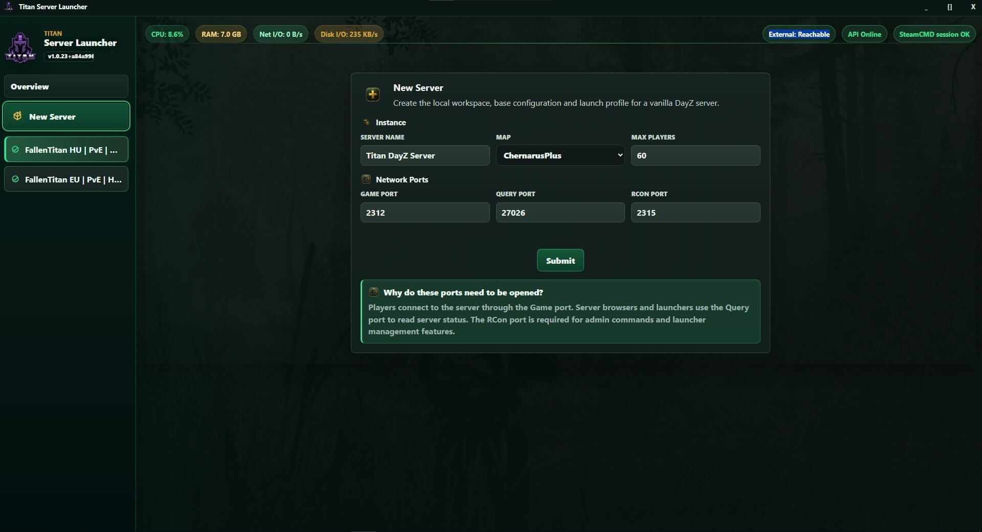 DayZ Server Launcher szervernév és profil beállítás képernyőkép
