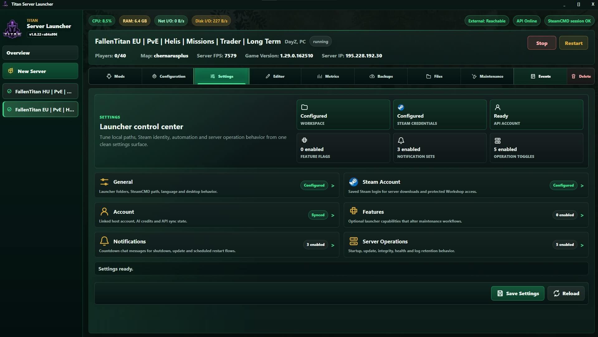 DayZ Server Launcher beállítások felület képernyőkép